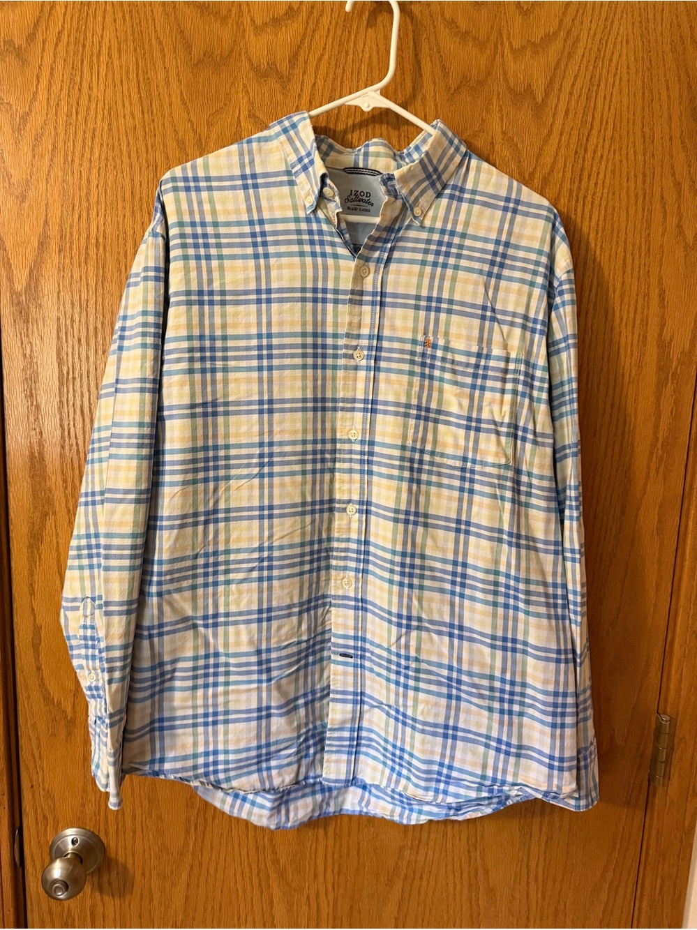 Izod Men's Button-Down Plaid Shirt in Blue and Yellow Large